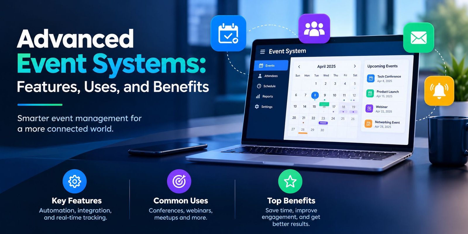 Advanced event systems showing digital event management, online registration, ticketing, scheduling, and attendee coordination.
