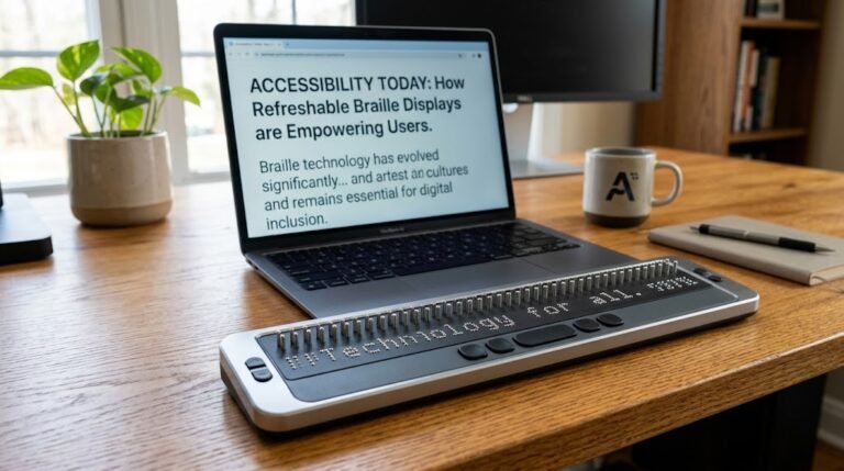 Braille translator guide showing tactile Braille dots beside a laptop.