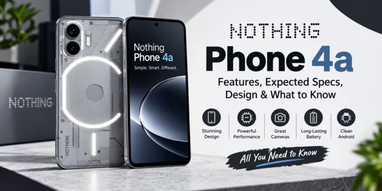 Nothing Phone 4a smartphone showcasing its minimalist design, Glyph-style lighting, display, cameras, performance, battery, and Android features.