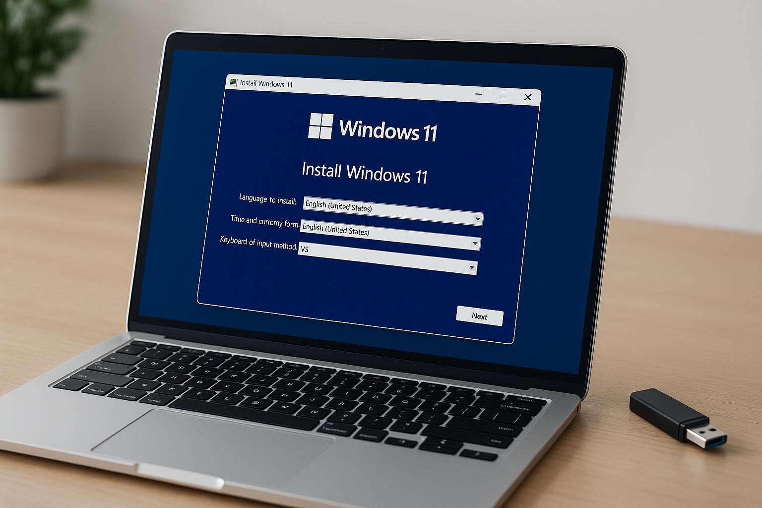 Windows 11 bootable USB flash drive beside a laptop ready for Windows installation