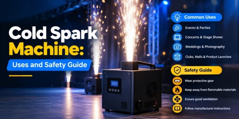 Cold spark machine showing its uses for events, weddings, concerts, and essential safety precautions.