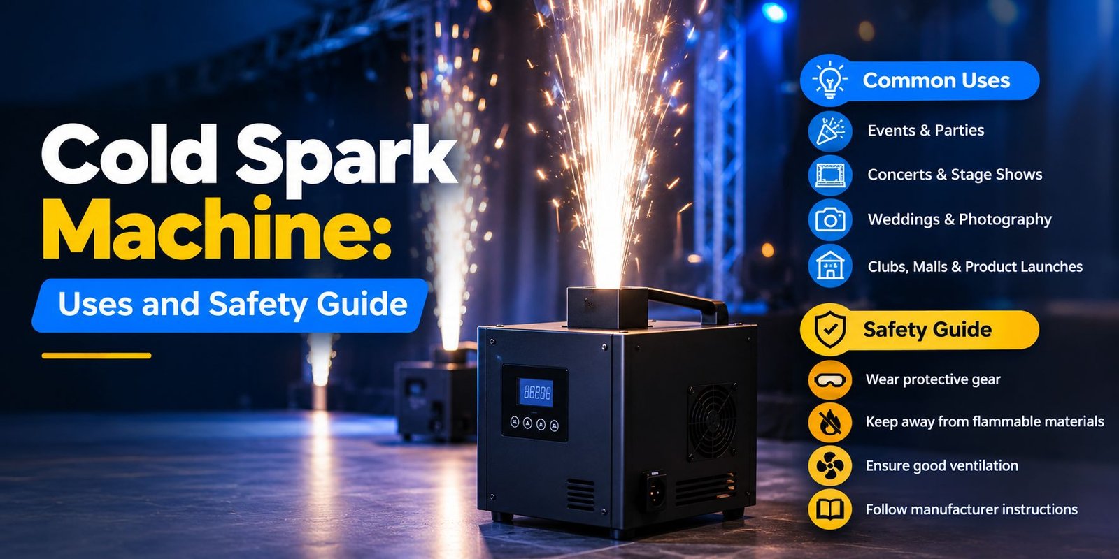 Cold spark machine showing its uses for events, weddings, concerts, and essential safety precautions.