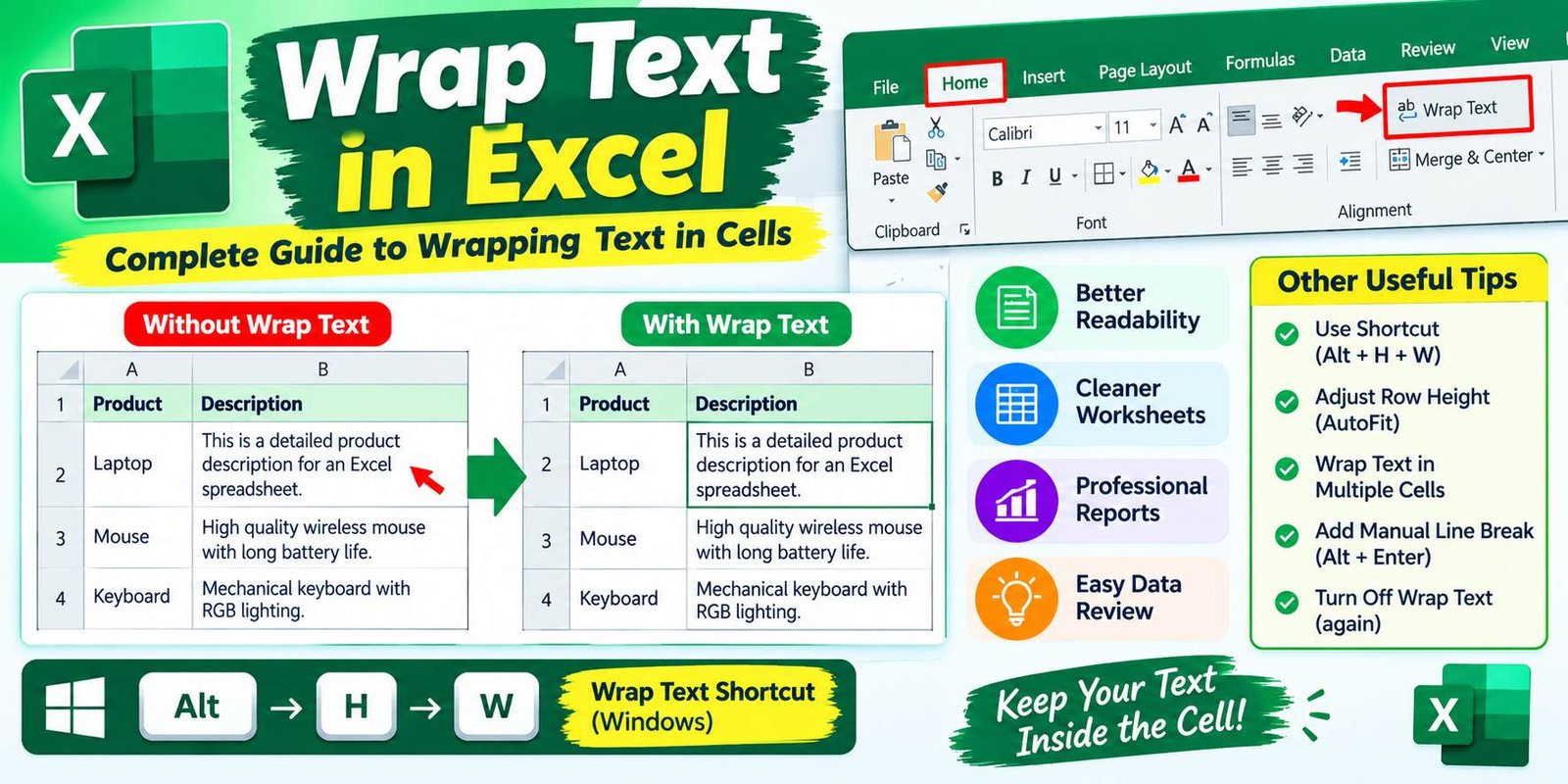 Wrap Text in Excel showing long text across multiple lines in spreadsheet cells