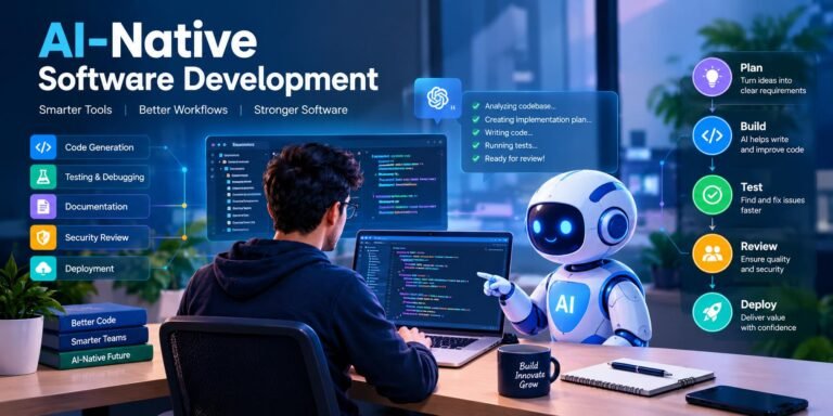 AI-native software development showing AI agents collaborating with developers on coding and software engineering