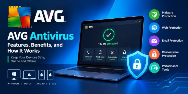 AVG Antivirus featured image showing a laptop with a security shield and protection against malware, online threats, and ransomware.