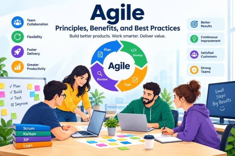 Alt Text: Agile project management workflow showing teamwork, planning, development, testing, and continuous improvement.