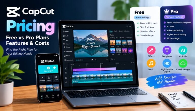 CapCut pricing comparison showing Free and Pro video editing features.
