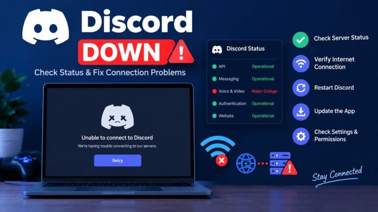 Discord down status showing connection errors and troubleshooting solutions.