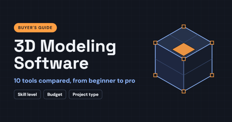 3D modeling software buyer’s guide featured image with a wireframe cube and the text “10 tools compared, from beginner to pro”