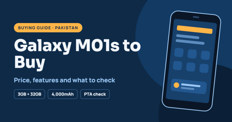 Galaxy M01s buying guide featured image with a smartphone illustration and the text “Price, features and what to check” Yeh lagbhag 120 characters ki hai.