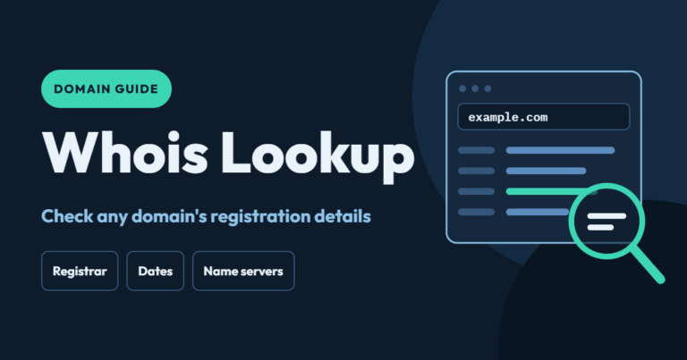 Browser window with a domain search box and a magnifying glass beside the title “Whois Lookup” on a dark blue background