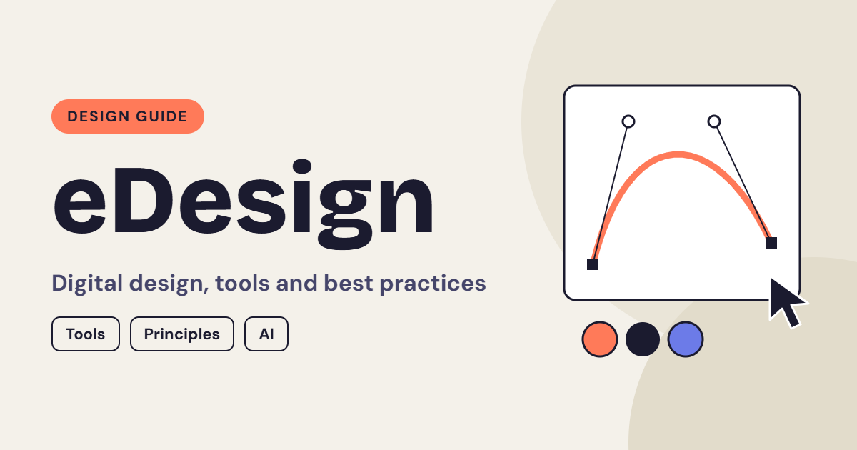 Design artboard with a curved vector line, color swatches and a cursor beside the title “eDesign” on a cream background