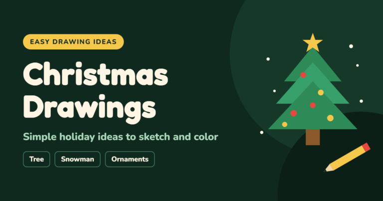 Illustrated Christmas tree with a gold star and a pencil beside the title “Christmas Drawings” on a dark green background