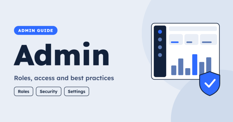 Illustration of an admin dashboard with a sidebar, charts and a security shield beside the title “Admin” on a light blue background
