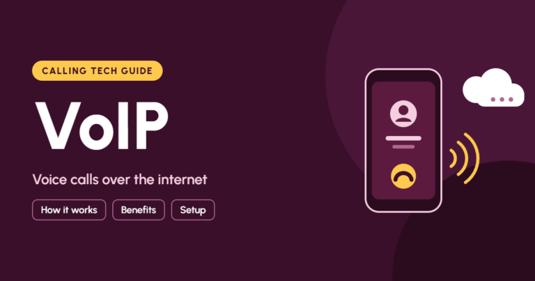 VoIP featured image showing a smartphone call screen sending voice signals through waves to an internet cloud