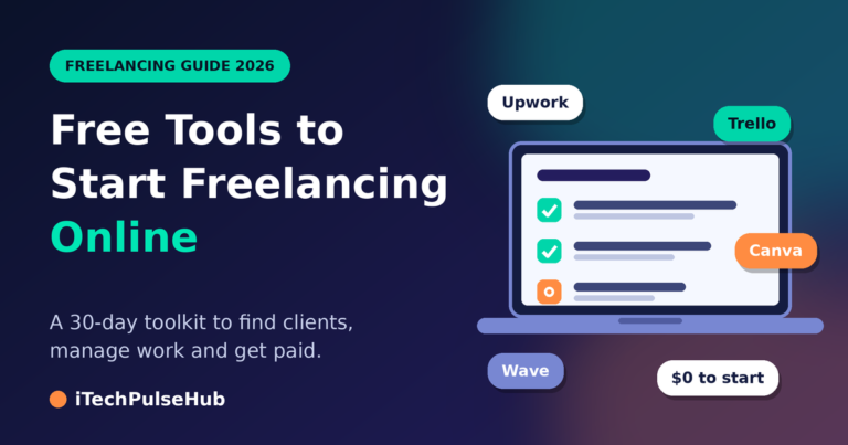 Free tools to start freelancing online: laptop with a task checklist and tool icons