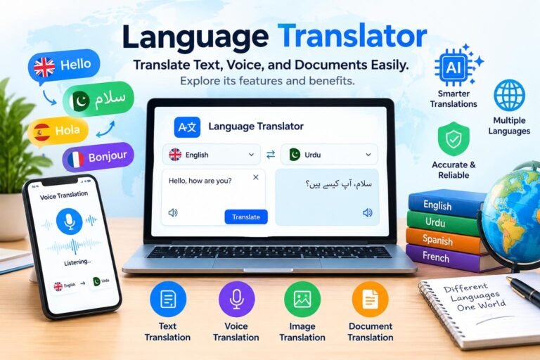 Alt Text: Language translator tool for translating text, voice, and documents between different languages.