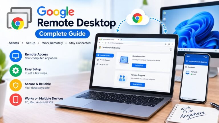Google Remote Desktop on laptop and smartphone for easy remote computer access.