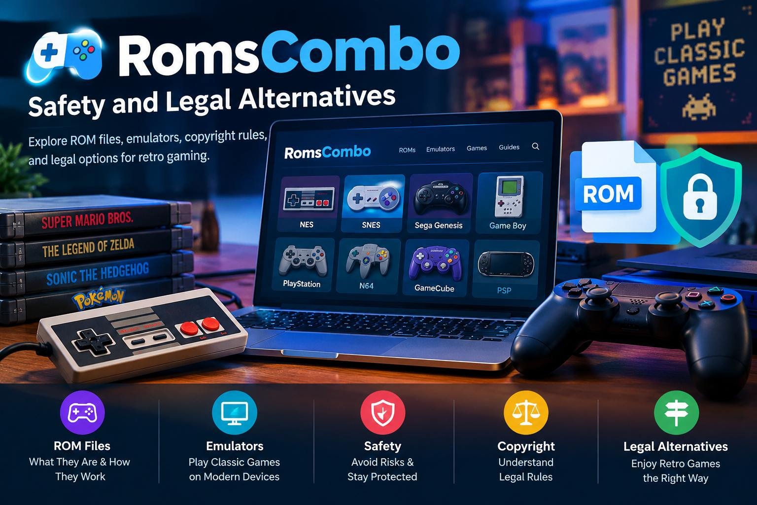 Alt Text: RomsCombo retro gaming guide featuring classic game controllers, ROM files, emulators, and legal gaming alternatives.