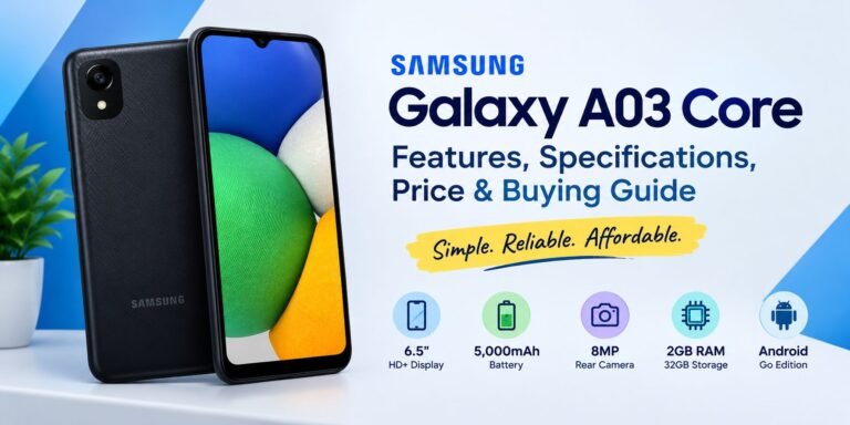 Samsung Galaxy A03 Core smartphone featuring a 6.5-inch HD+ display, 5000mAh battery, and 8MP rear camera.