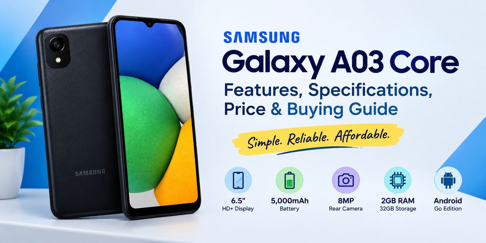 Samsung Galaxy A03 Core smartphone featuring a 6.5-inch HD+ display, 5000mAh battery, and 8MP rear camera.