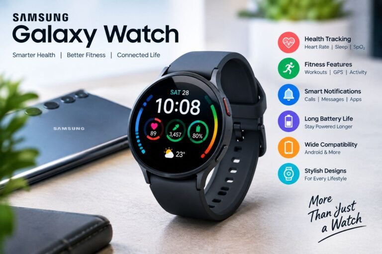 Samsung Galaxy Watch featuring health tracking, fitness monitoring, and smart notifications.