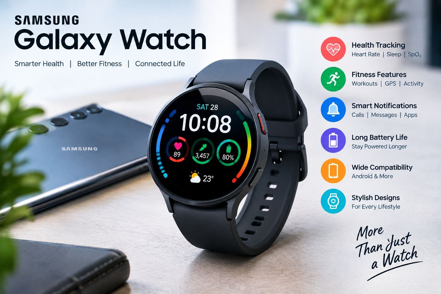 Samsung Galaxy Watch featuring health tracking, fitness monitoring, and smart notifications.
