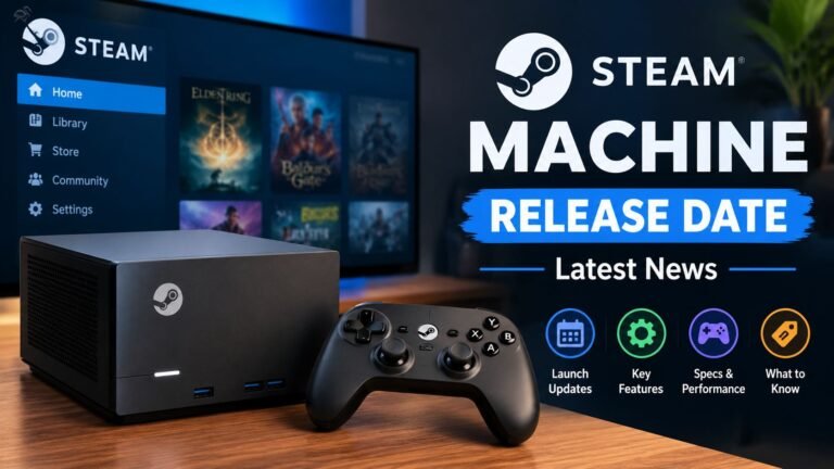 Alt Text: Steam Machine console and controller release date news.