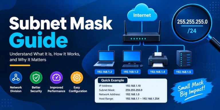 Subnet mask guide showing IP addresses, 255.255.255.0 mask, and network connections