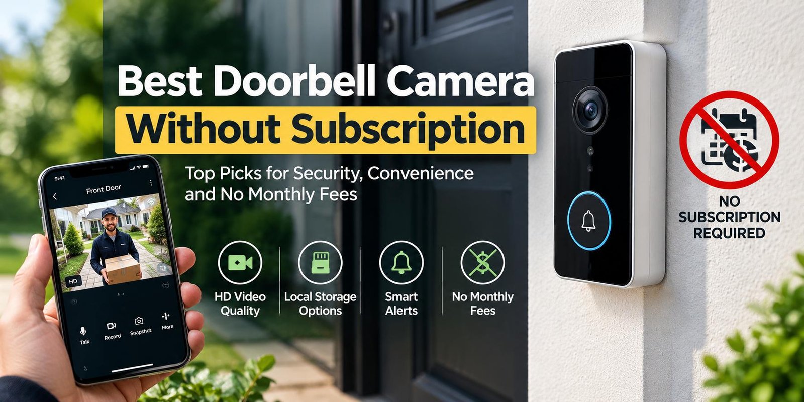 Best doorbell camera without subscription featuring a smart video doorbell and smartphone security monitoring.