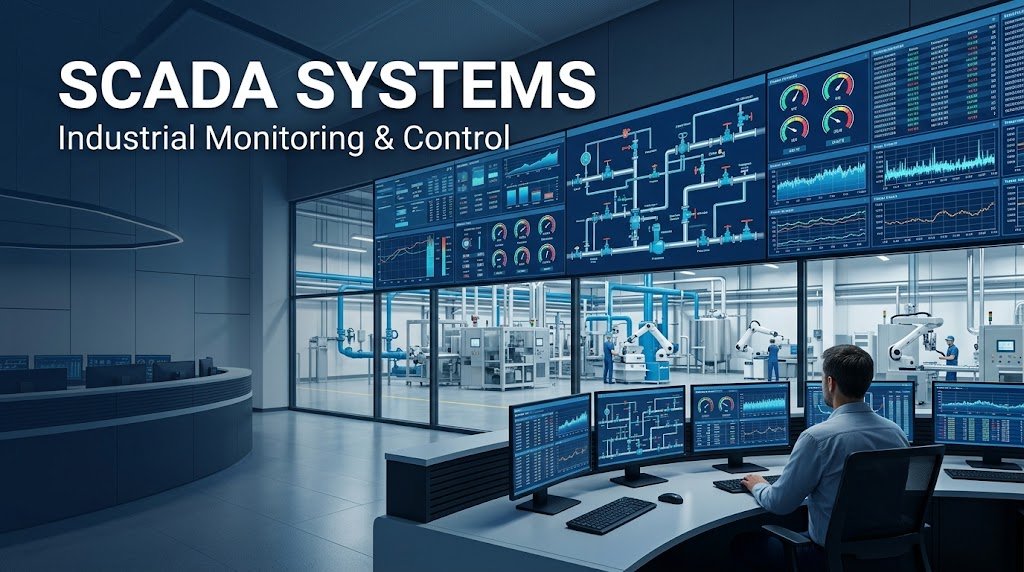 SCADA systems monitoring industrial equipment and automation processes.