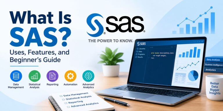 What Is SAS software guide featuring data analytics charts and a laptop displaying SAS programming.