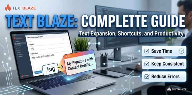 A modern workspace laptop showing Text Blaze text expansion snippet editor, shortcuts, and productivity benefits.