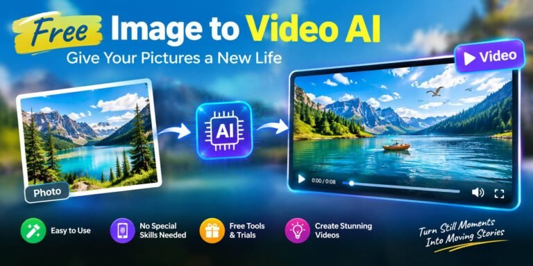 Free Image to Video AI tools transforming a photo into an animated video.