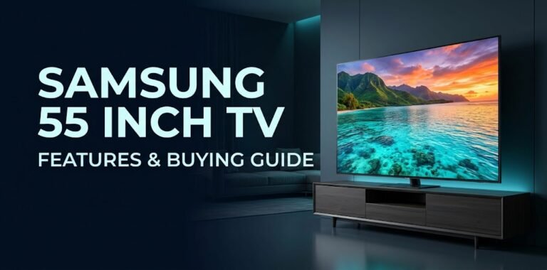 Samsung 55 inch smart TV displaying a colourful 4K nature scene in a modern living room