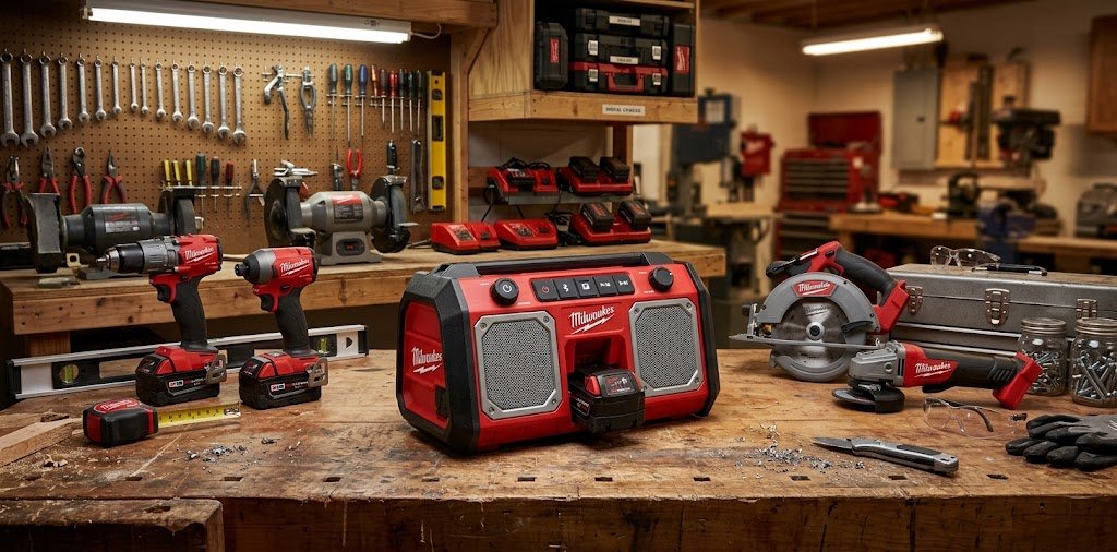 Milwaukee Bluetooth jobsite speaker with a rugged design for workshop and construction use.