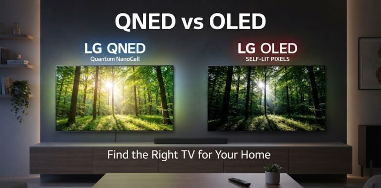 QNED vs OLED TV comparison showing brightness, colors, contrast, and picture quality.