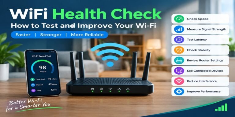WiFi health check showing router, speed test, signal strength, and network performance